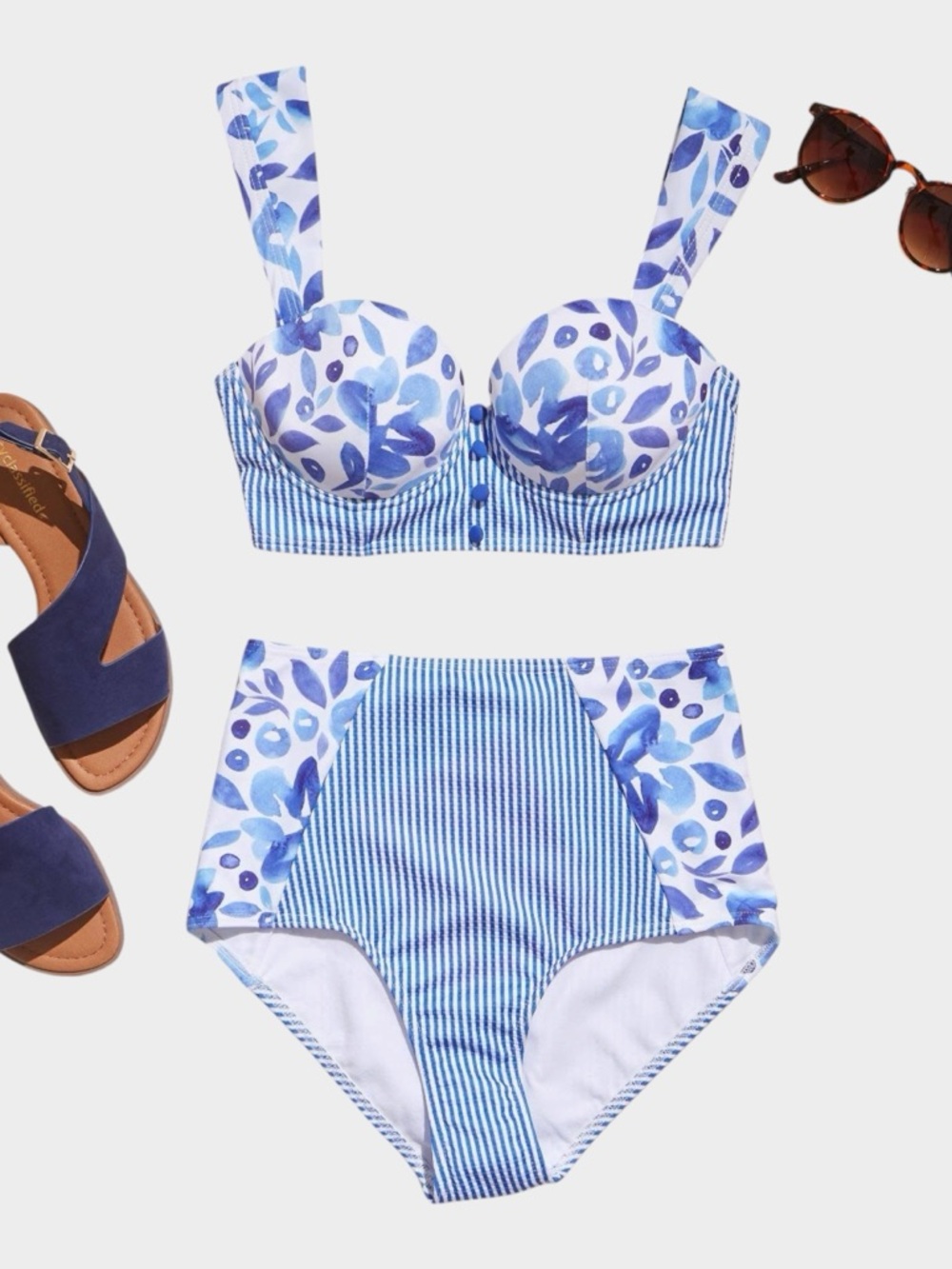 Modcloth Blue Floral & Stripe High-Waist Bikini Set Size S